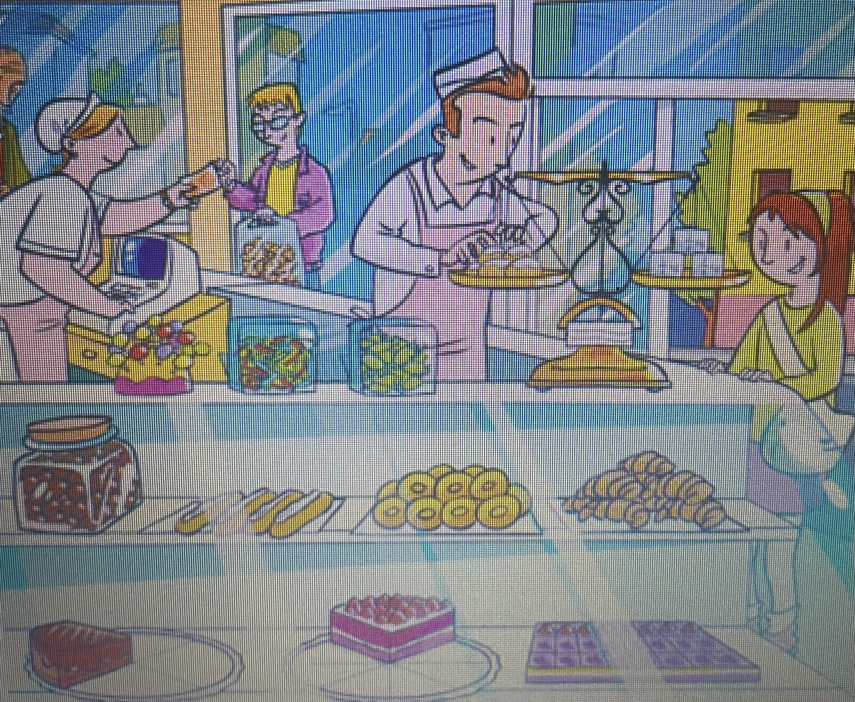 Imagen con un dibujo de una pastelería. En ella hay un mostrador con diferentes productos( fracciones de tartas, rosquillas..), dos dependientes y dos clientes. 