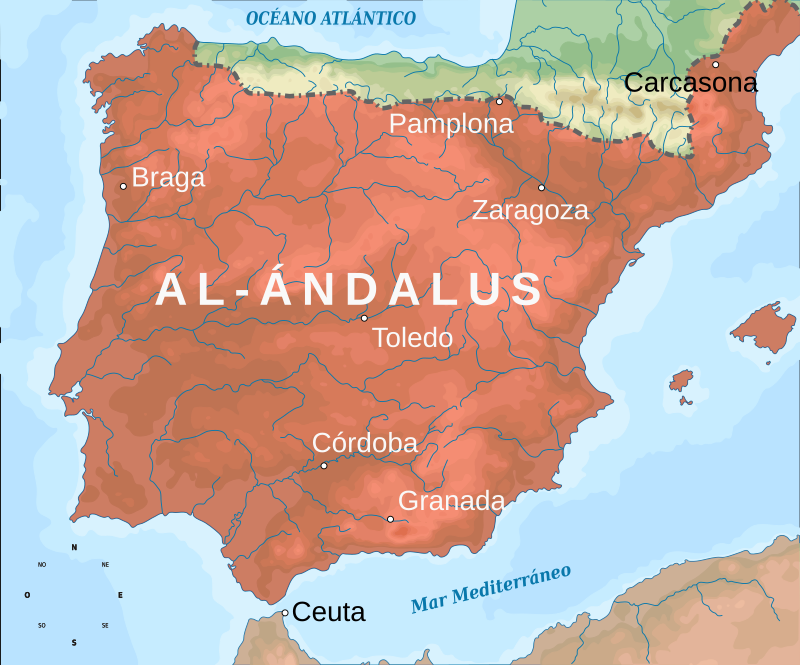 Mapa de al-Ándalus en 732, durante su mayor extensión
