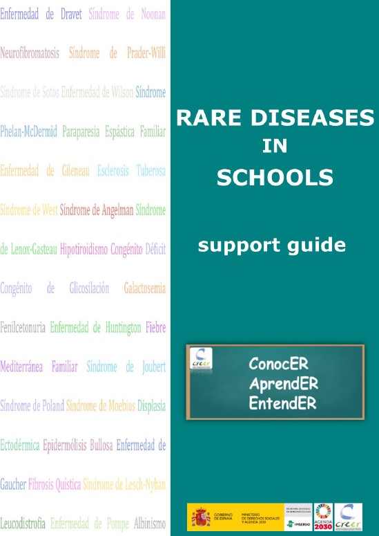 On the left margin of the cover, on a white background, the names of rare diseases are written. On the right margin of the cover, on a green background, the title of the publication and below it a traditional blackboard with the words: know, learn, understand. At the base of the right margin, institutional logos Ministry of Social Rights and Agenda 2030, Imserso, Sustainable Development Goals and Believe).