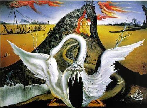 "Bacanal" es una pintura de Salvador Dalí que representa una escena festiva y caótica inspirada en las bacanales de la mitología. En ella, Dalí utiliza su estilo surrealista distintivo, con figuras distorsionadas y paisajes oníricos.