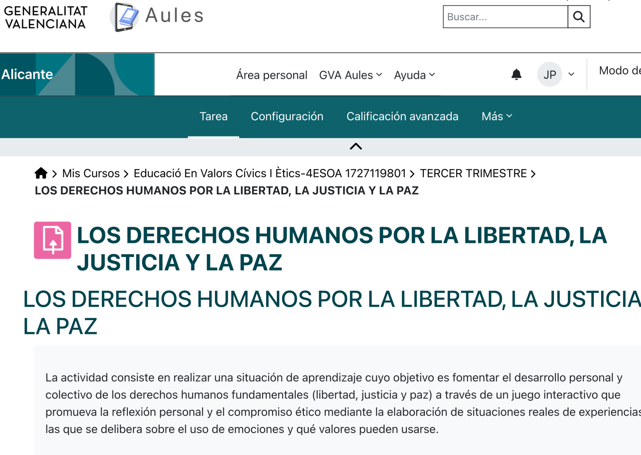 Los derechos humanos por la libertad, la justicia y la paz: La actividad consiste en realizar una situación de aprendizaje cuyo objetivo es fomentar el desarrollo personal y colectivo de los derechos humanos fundamentales (libertad, justicia y paz) a través de un juego interactivo que promueva la reflexión personal y el compromiso ético mediante la elaboración de situaciones reales de experiencias en las que se delibera sobre el uso de emociones y qué valores pueden usarse.