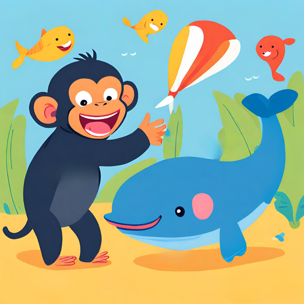 Un monito y una ballena juegan en la playa junto a un mensaje que dice: Monito y Ballena. El mejor podcast infantil de educación emocional.