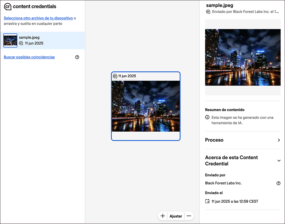 Captura de pantalla. Informació de Verify després d'inspeccionar una imatge generada amb IA