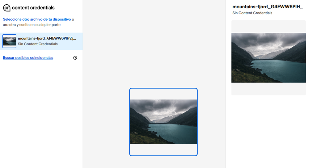 Captura de pantalla. Verify indica que la imatge inspeccionada no té credencials de contingut.