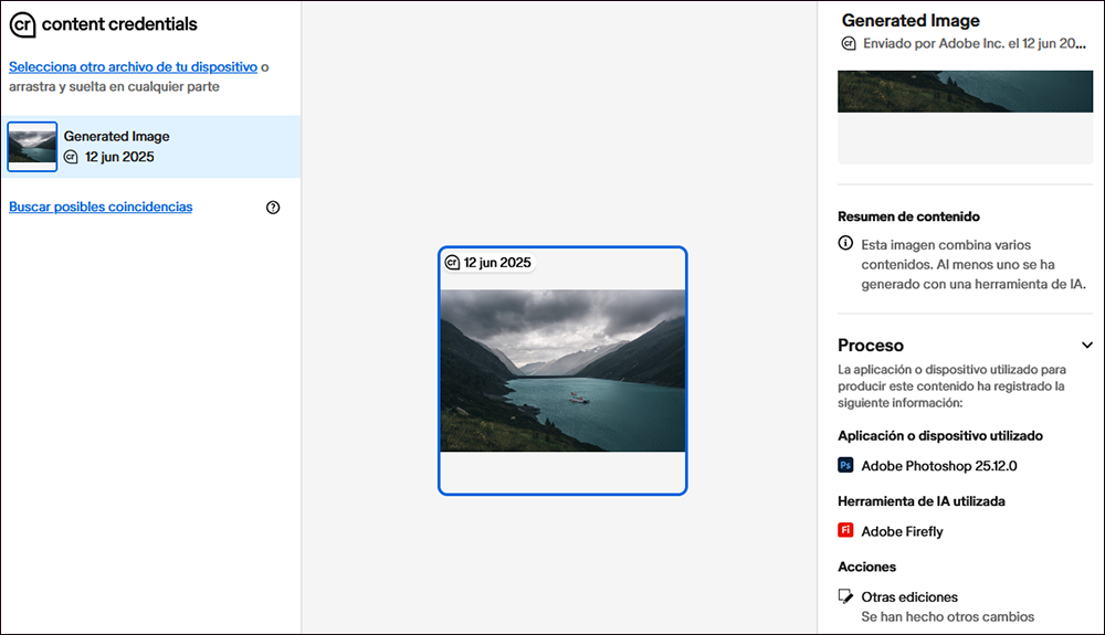 Captura de pantalla. Indica que la imatge ha estat manipulada amb IA, Adobe Firefly.