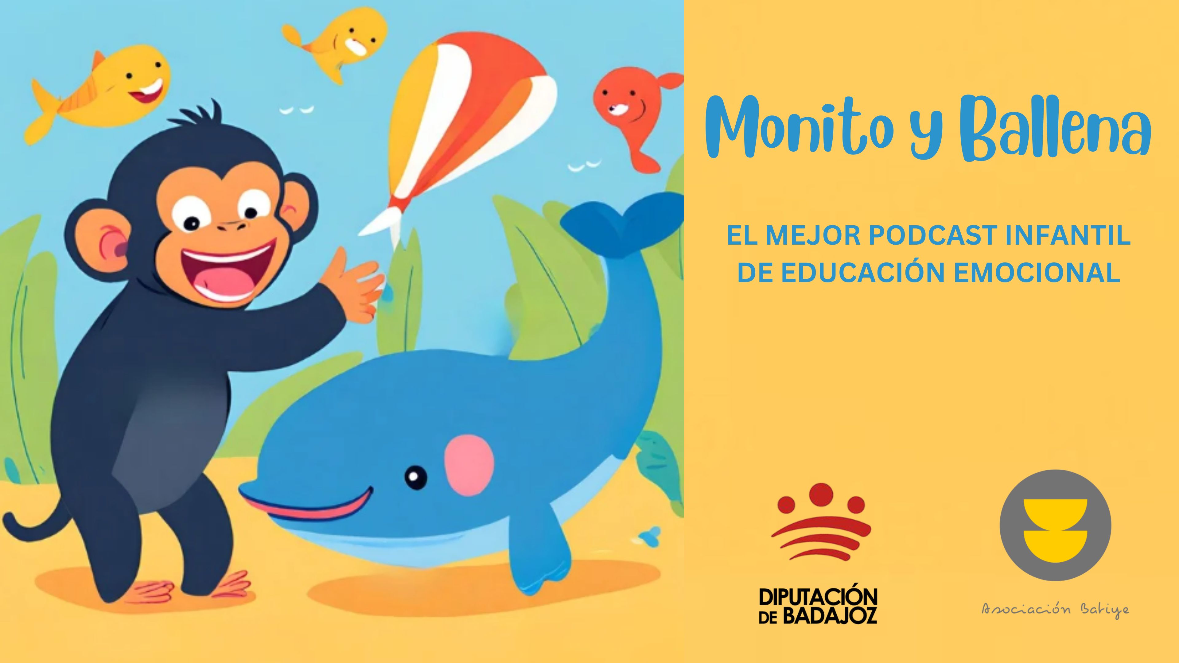 Monito y Ballena juegan en la playa. Logo de Diputación de Badajoz. Logo de Asociación Batiye