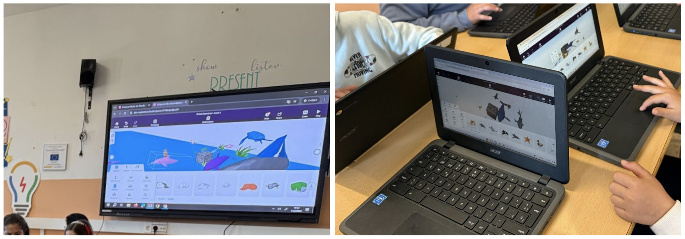Alumnado creando las escenas en realidad aumentada.