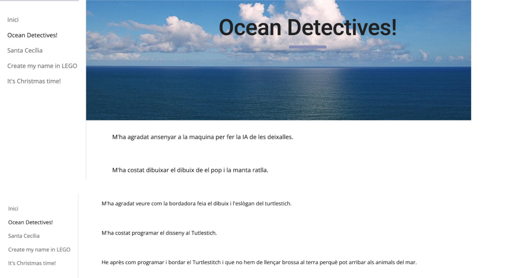 Ejemplo del portafolio digital con las reflexiones sobre su propio aprendizaje (puntos de control) sobre el proyecto.