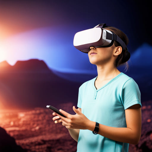 Student wearing VR goggles during class, visualising a prehistoric cave.