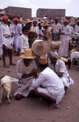image Cerrando un trato en el mercado de ovejas y cabras de Suq al Khamis, Yemen