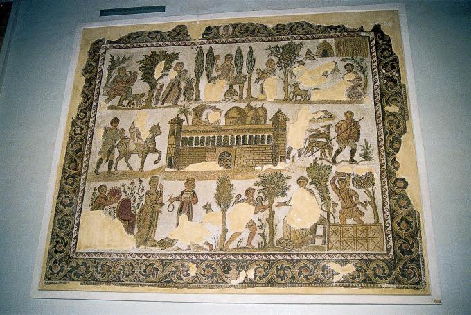 image Mosaico con escena de recolección y ofrendas de animales, Museo del Bardo, Túnez