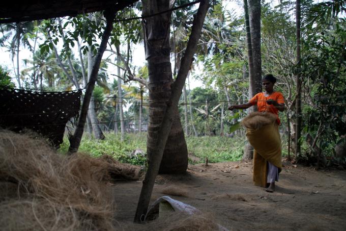 image Mujer fabricando fibra de coco, Kerala, India