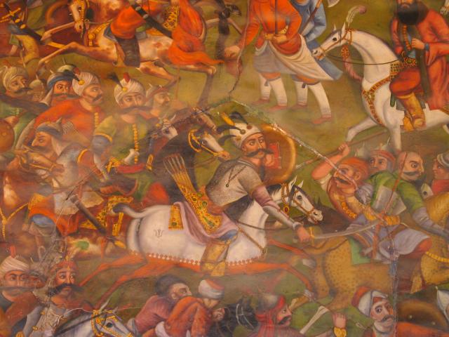 image Detalle de la escena de una batalla, interior del palacio Chehel Sutun, Isfahán, Irán