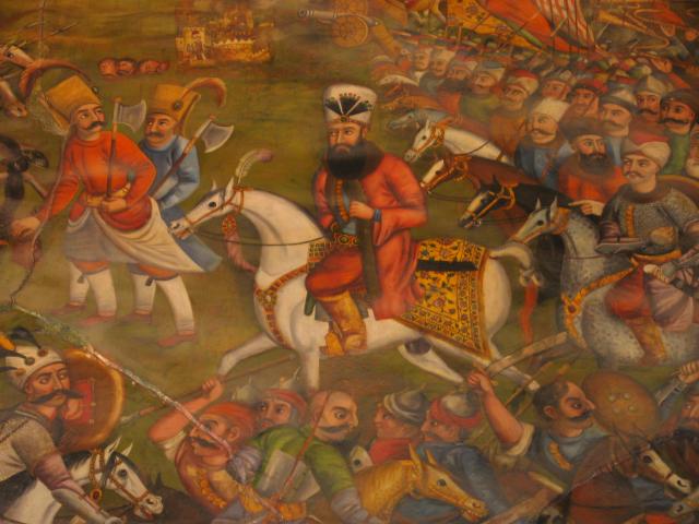 image Detalle de la escena de una batalla, interior del palacio Chehel Sutun, Isfahán, Irán