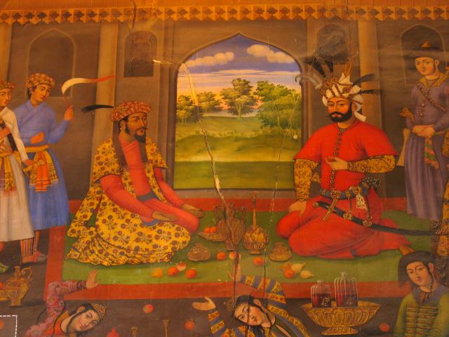 image Detalle de la escena de una audiencia, interior del palacio Chehel Sutun, Isfahán, Irán