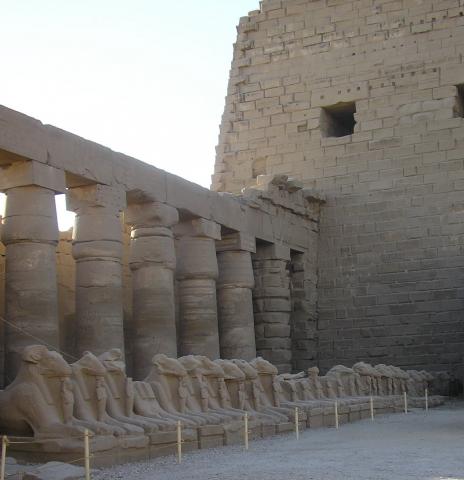 image Una fila de esfinges junto al Pilono de entrada del Templo de Karnak en Luxor, Egipto