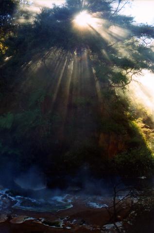 image Erosión del suelo producida por río ácido y contraluz, Nueva Zelanda