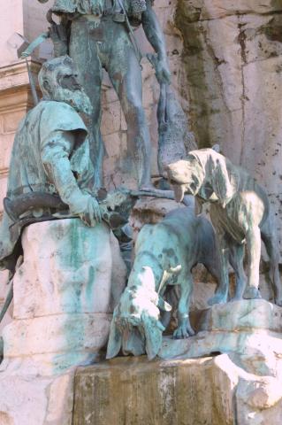 image Estatua de cazadores en la plaza del Castillo de Buda, Budapest, Hungría