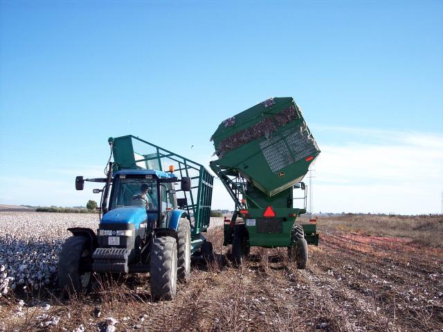 image Cosechadora volcando algodón sobre un tractor