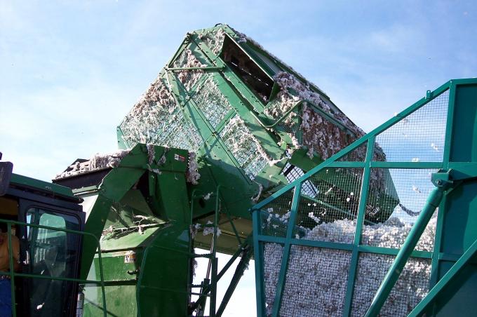 image Cosechadora volcando algodón sobre un tractor