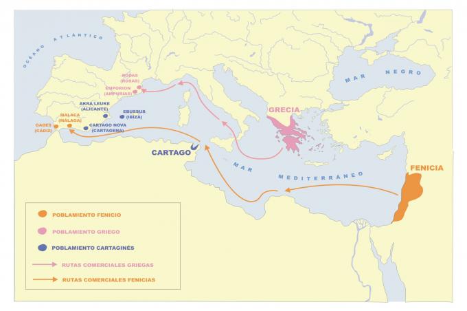 ilustracion Mapa de los asentamientos y rutas comerciales de fenicios, cartagienses y griegos