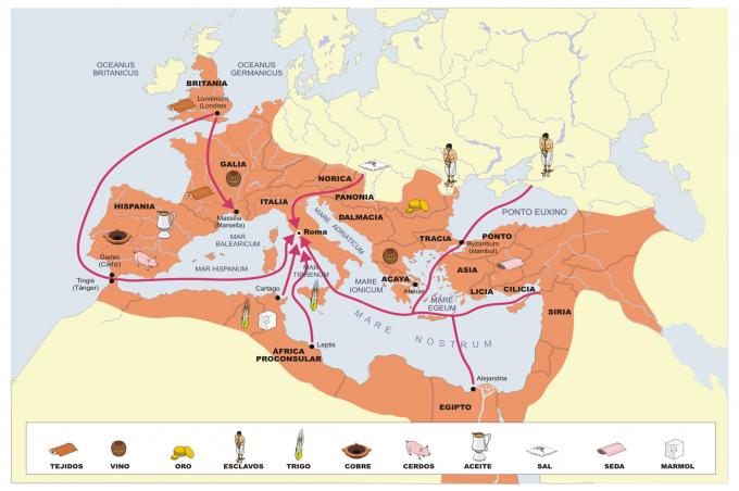 ilustracion Mapa de las rutas comerciales del Imperio romano