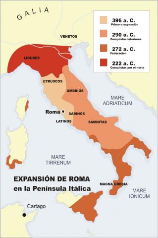 ilustracion Mapa de la expansión de Roma en la Península Itálica