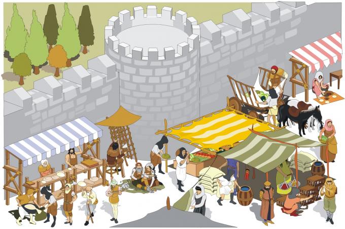 ilustracion Escenario representativo de un mercado en la Edad Media