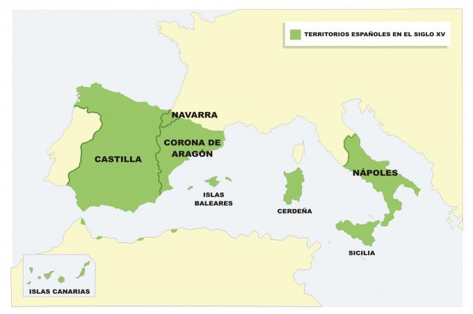 ilustracion Mapa de los territorios españoles en el s. XV en Europa