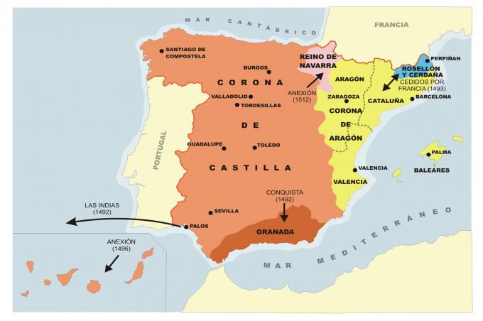 ilustracion Mapa de la expansión de los territorios de los Reyes Católicos en el s.XV