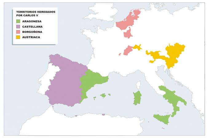 ilustracion Mapa de los territorios heredados por Carlos I en Europa