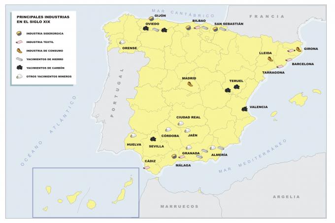 ilustracion Mapa de la distribución de las principales industrias en la España del s. XIX