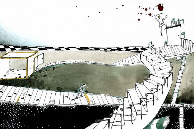 ilustracion La forma de la espada: Sé que perseguí al delator a través de negros corredores de pesadilla y de hondas escaleras de vértigo