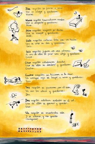 ilustracion Diez negritos: Vera se fija en el pergamino que hay dentro de un cuadro de metal cromado