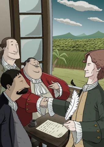 ilustracion Robinson Crusoe: Trato hecho con los comerciantes