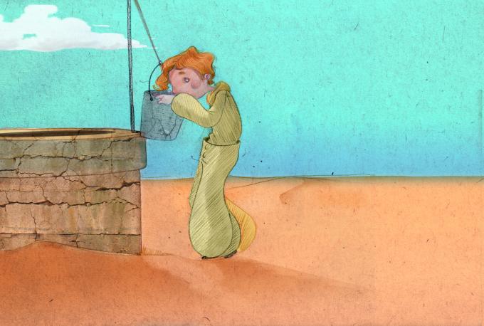 ilustracion El principito: Bebiendo del pozo en el desierto