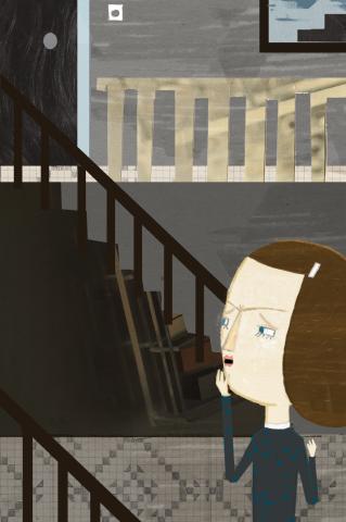 ilustracion Nada: Andrea espía inquieta los ruidos que salen de las habitaciones en la azotea de su tío Román al que ha ido a visitar Ena