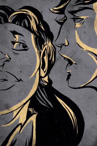 ilustracion Hamlet: Hamlet susurra a Ofelia que observe la actitud del rey