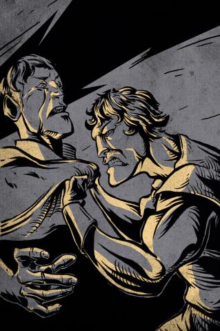 ilustracion Hamlet: Laertes reta a Hamlet en el entierro