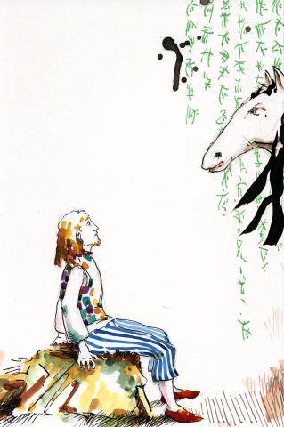 ilustracion Los viajes de Gulliver: El Caballo amo manda sentar a Gulliver