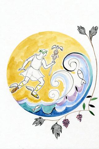 ilustracion La Odisea: Hermes volando hacia la isla de la ninfa Calipso