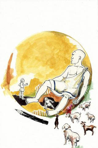 ilustracion La Odisea: Ulises en la cueva del cíclope Polifemo