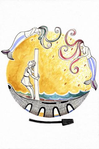 ilustracion La Odisea: Ulises y su tripulación acercándose a la isla de las sirenas