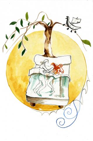 ilustracion La Odisea: Penélope y Ulises charlando en la cama