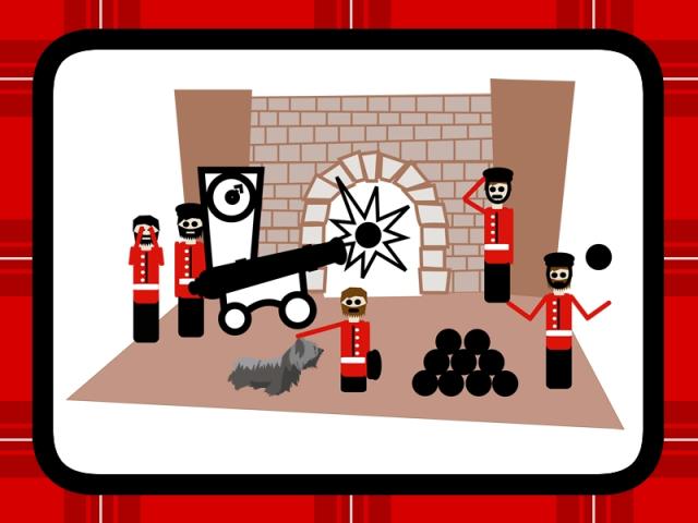 ilustracion Cuento Greyfriars Bobby: Bobby en el castillo de Edimburgo mientras los soldados dan el cañonazo a la una en punto