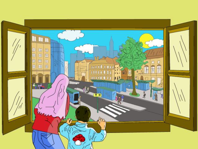 ilustracion Mujer y niño mirando por una ventana