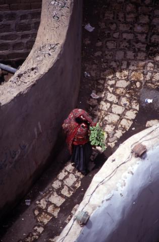 image Mujer pasando por una calle, con manojo de verduras, Yemen