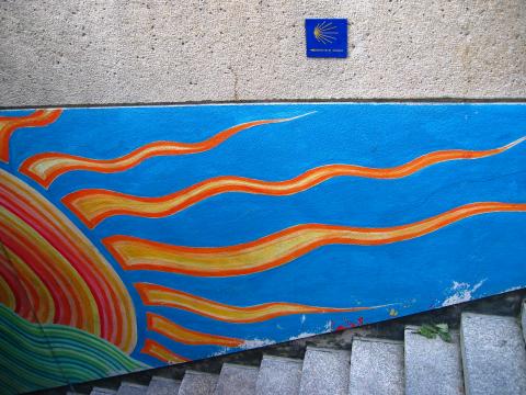 image Grafiti con placa del Camino de Santiago en Lausanne, Suiza