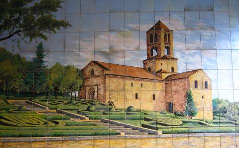image Azulejos pintados con Monasterio de Sant Pere de Camprodón, Girona