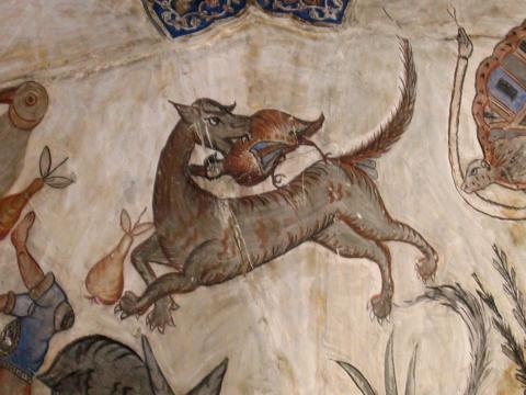 image Detalle de fresco en la entrada a un hamam en el bazar, Kermán, Irán